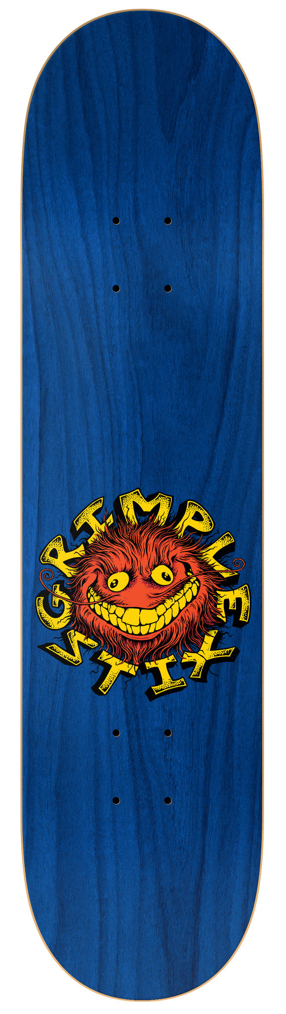 A blue skateboard with a yellow ANTIHERO GRIMPLESTIX COLLAB 8.28 logo on it.