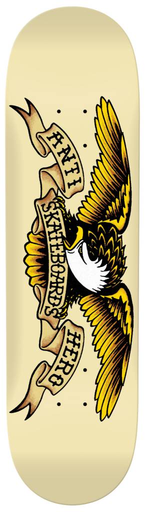 A picture of an ANTIHERO CLASSIC EAGLE TAN 8.62 skateboard deck with the ANTIHERO logo flying in the air.