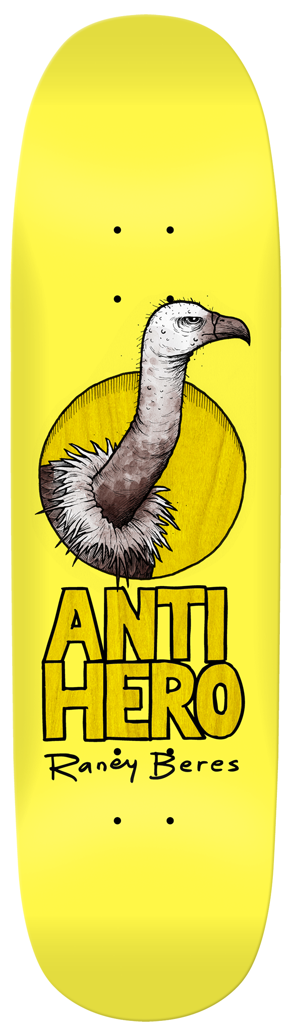 A yellow skateboard with the words ANTI HERO BERES SCAVENGERS 8.63 prominently displayed by ANTIHERO.
