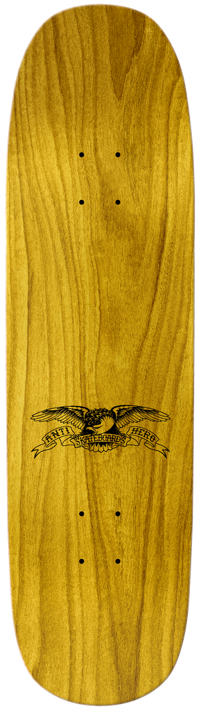 A wooden skateboard with an image of an eagle on it, designed by ANTIHERO, the ANTI HERO BERES SCAVENGERS 8.63.