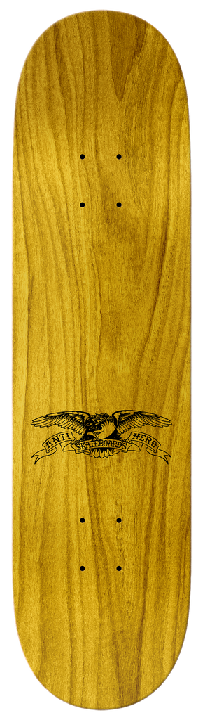 An ANTIHERO skateboard adorned with the image of an eagle, the ANTI HERO PUMPING FEATHERS 8.5.