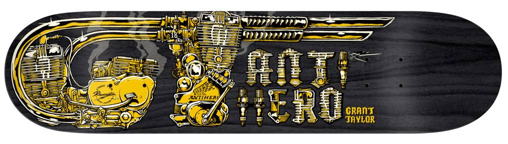An ANTIHERO black and yellow skateboard deck with the words gt hero on it.
