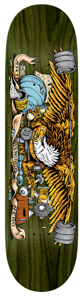 An ANTIHERO skateboard adorned with the image of a majestic eagle, ANTI HERO PUMPING FEATHERS 8.5 across its surface.