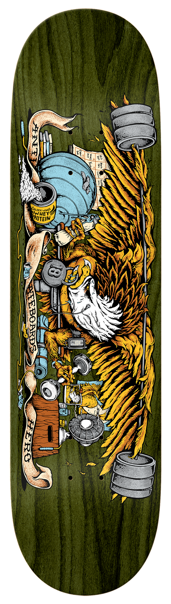 An ANTIHERO skateboard adorned with the image of a majestic eagle, ANTI HERO PUMPING FEATHERS 8.5 across its surface.
