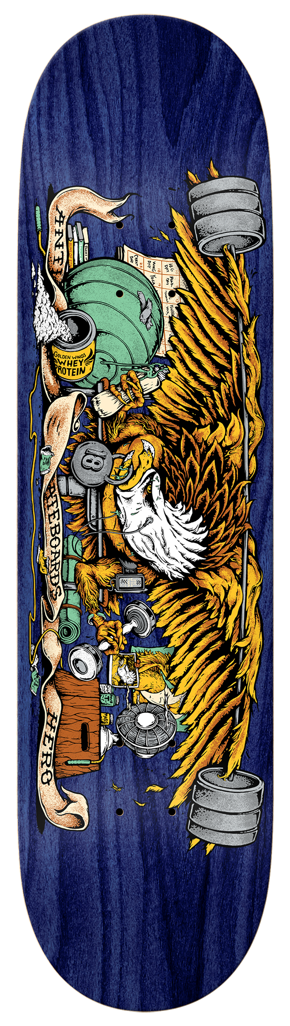 An ANTIHERO skateboard deck featuring the ANTI HERO PUMPING FEATHERS 8.28 design.