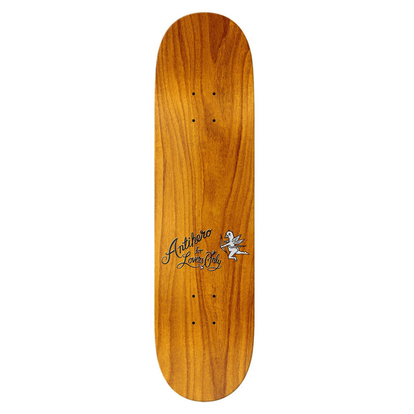 An ANTIHERO skateboard with an ANTI HERO B.A. FOR LOVERS 8.5 logo on it.