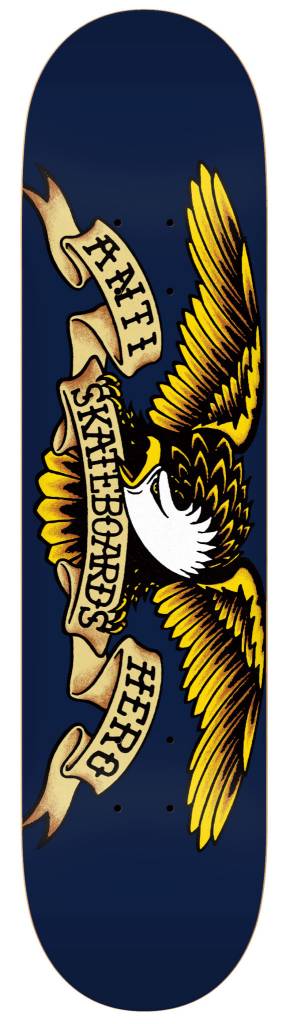 A navy skateboard with an eagle on it.