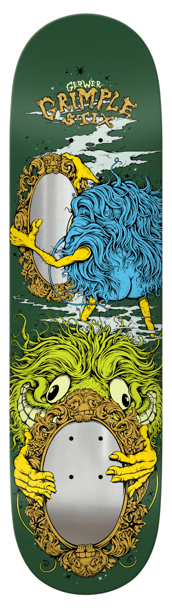 A skateboard deck with a smoking monster from the ANTIHERO GERWER GRIMPLESTIX SMOKE N MIRRORS series.
