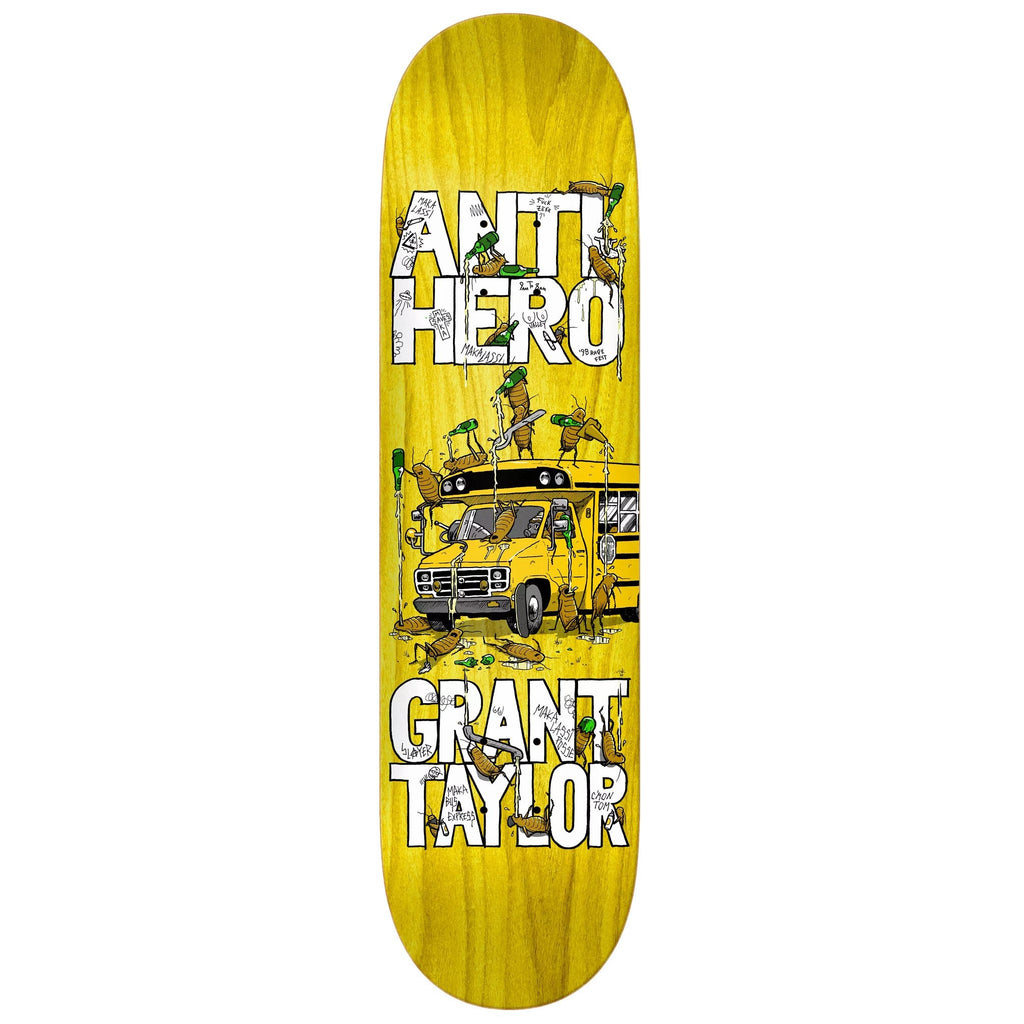 ANTIHERO GRANT MAKA BUS 8.5 yellow skateboard deck featuring various stains.
