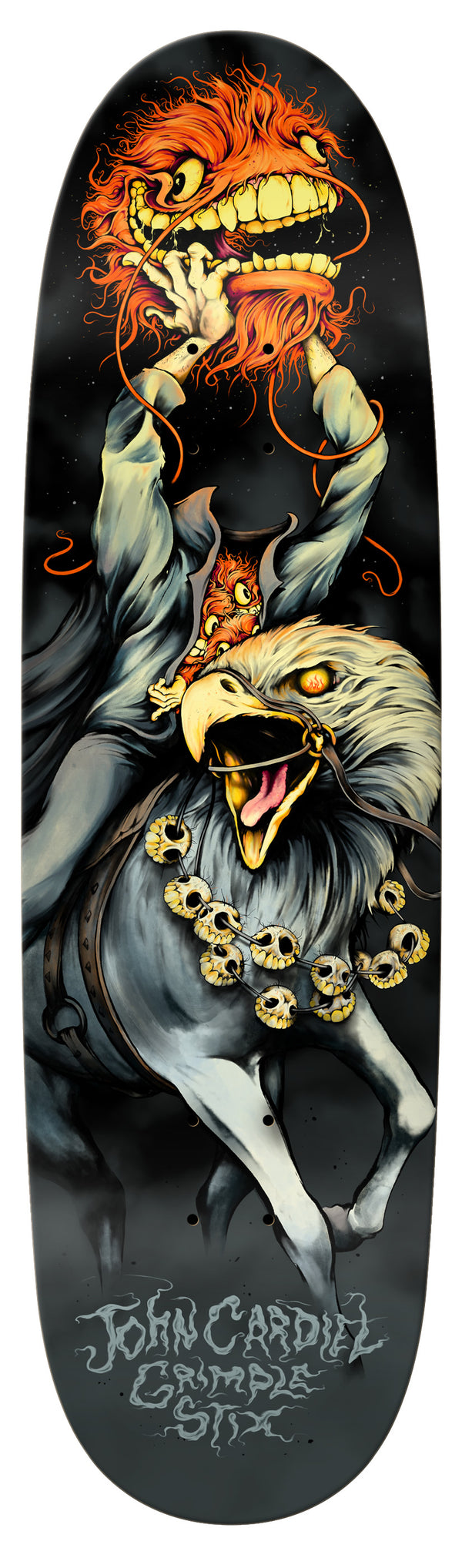 An ANTIHERO skateboard with a picture of a demon riding a horse.