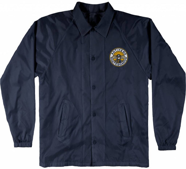 An ANTIHERO Stay Ready Windbreaker Navy with an embroidered logo on it.