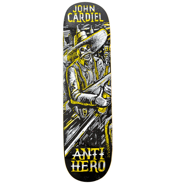 John Carrol Anti Hero skateboard deck 8.0 featuring the bold and rebellious designs that epitomize the essence of the ANTI HERO brand. With a nod to Cardiel Aguardiente's