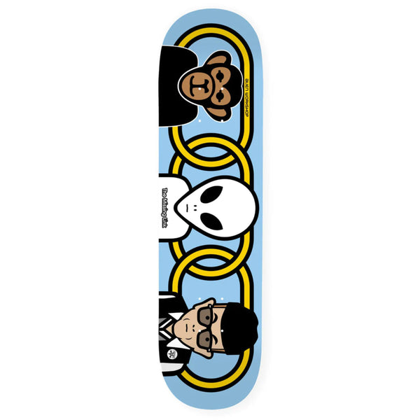 A skateboard from the ALIEN WORKSHOP brand featuring an image of an alien and a monkey. ALIEN WORKSHOP X THRASHER MISSING PHELPS