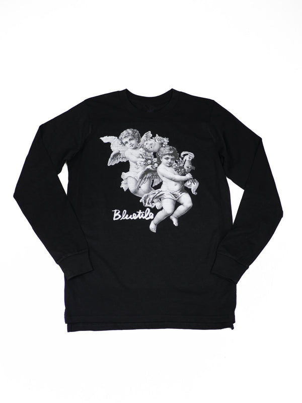 A BLUETILE ANGELS GRAPHIC LONG SLEEVE BLACK sweatshirt with an image of angels on it. (Brand Name: Bluetile Skateboards)