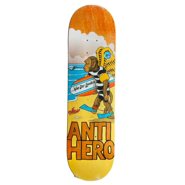 An ANTIHERO DAAN ENDLESS BUMMER skateboard with the words "anti hero" on it, available in various stain colors.