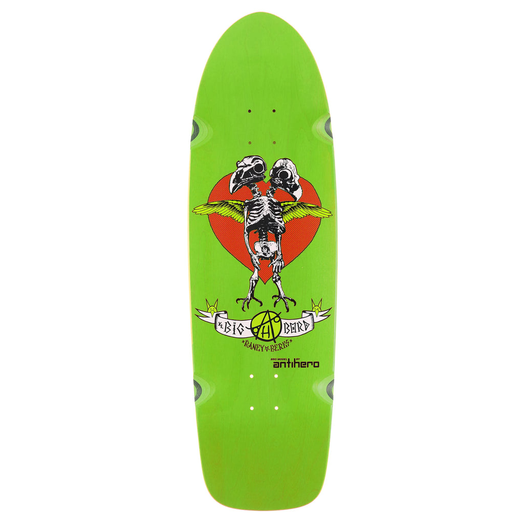 A green ANTIHERO BERES BIG BORD skateboard with a skeleton on it.