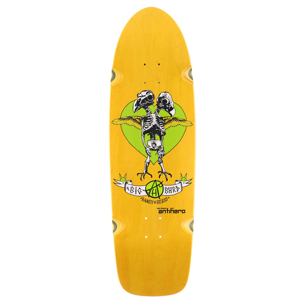 An ANTIHERO yellow skateboard featuring a skeleton design.