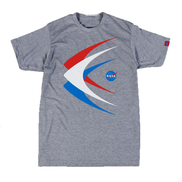 A gray short-sleeved T-shirt from HABITAT, featuring the NASA logo and a red, white, and blue abstract design on the front – known as the Habitat X NASA Apollo 15 T-Shirt Gray.