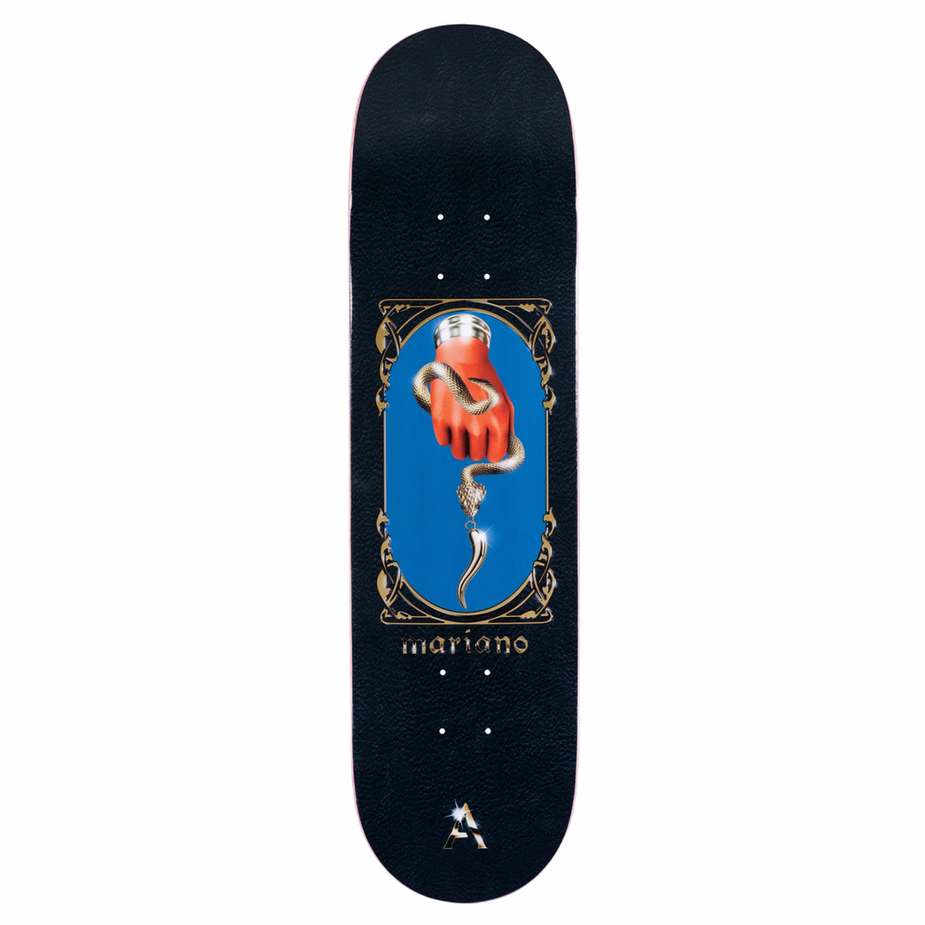 A skateboard deck with an image of a flower on it, available in different APRIL MARIANO CORNETTO sizes.