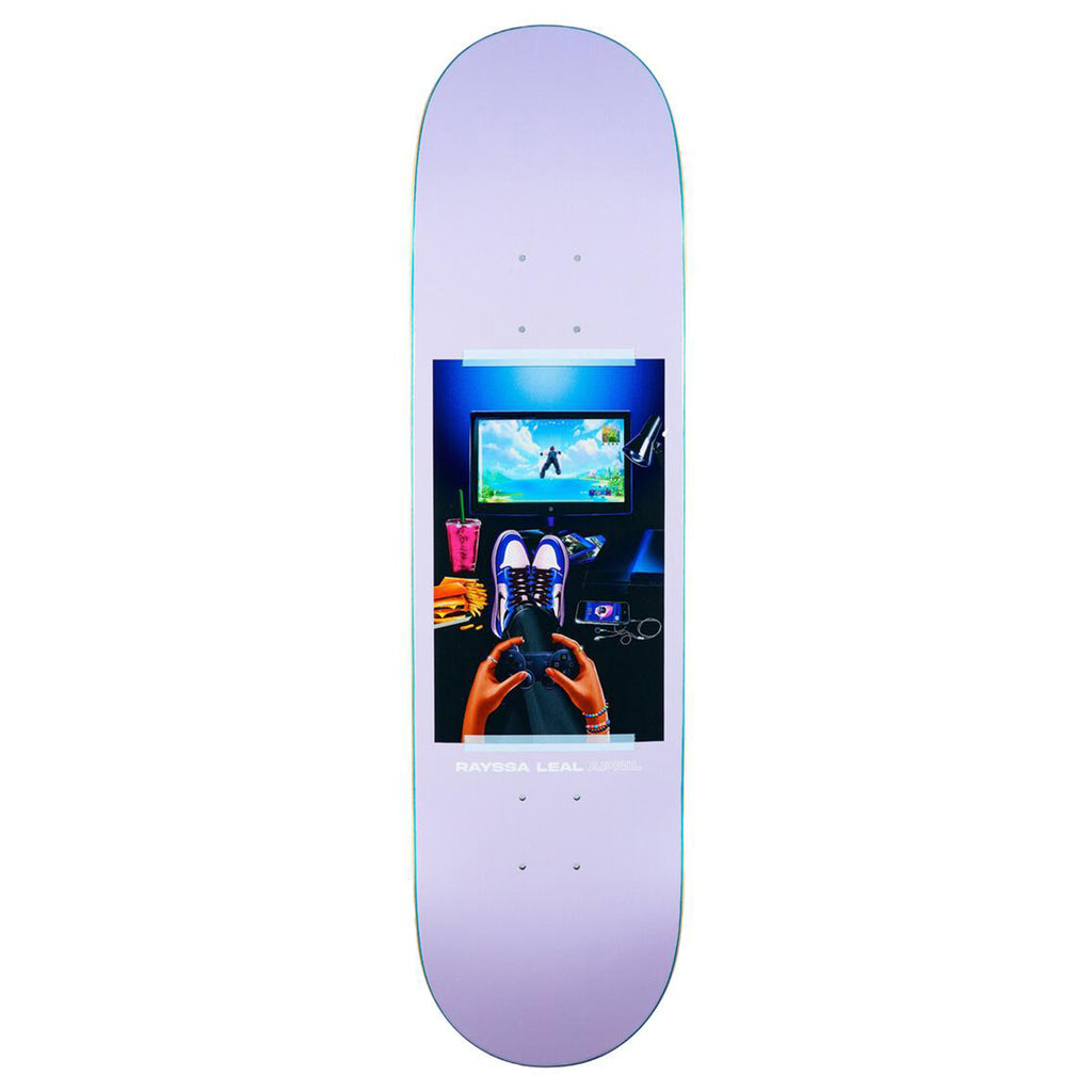 An APRIL skateboard with a picture of a person holding a camera.