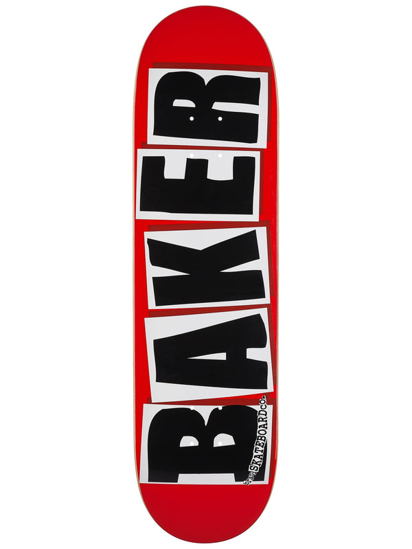 A red skateboard deck with black text and white blocks.