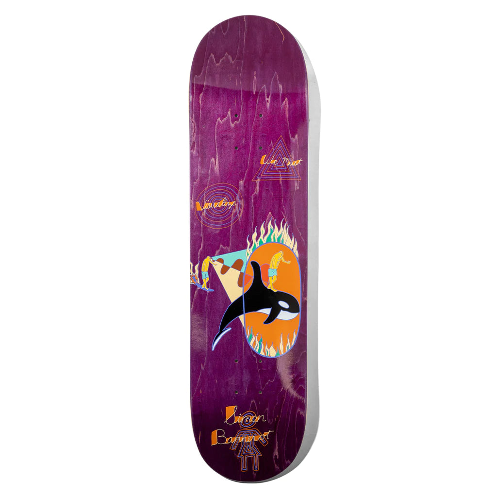 A GIRL BANNEROT VISUALIZE PURPLE skateboard with an orca on it.
