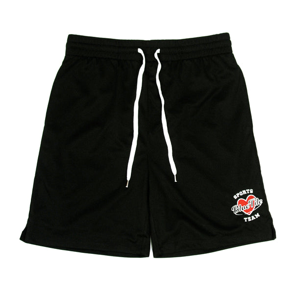 A BLUETILE SPORTS BASKETBALL SHORTS BLACK with a red logo on it, perfect for sports.