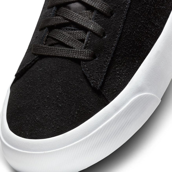 A close up of a Nike SB Blazer Low Pro GT black/white-black shoe.