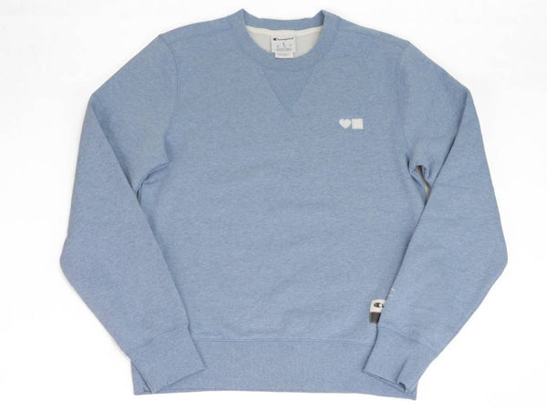 A BLUETILE LOVE CHAMPION CREWNECK BLUE sweatshirt with a white logo on it by Bluetile Skateboards.