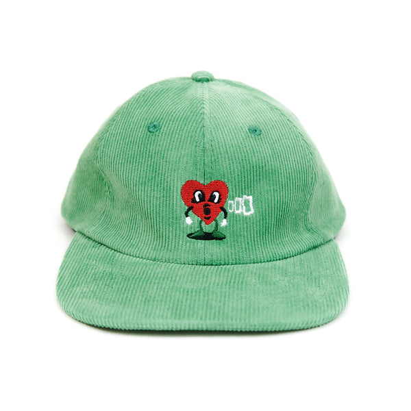 A BLUETILE SMOKE SQUARES dad hat mint corduroy with a red heart on it from Bluetile Skateboards.