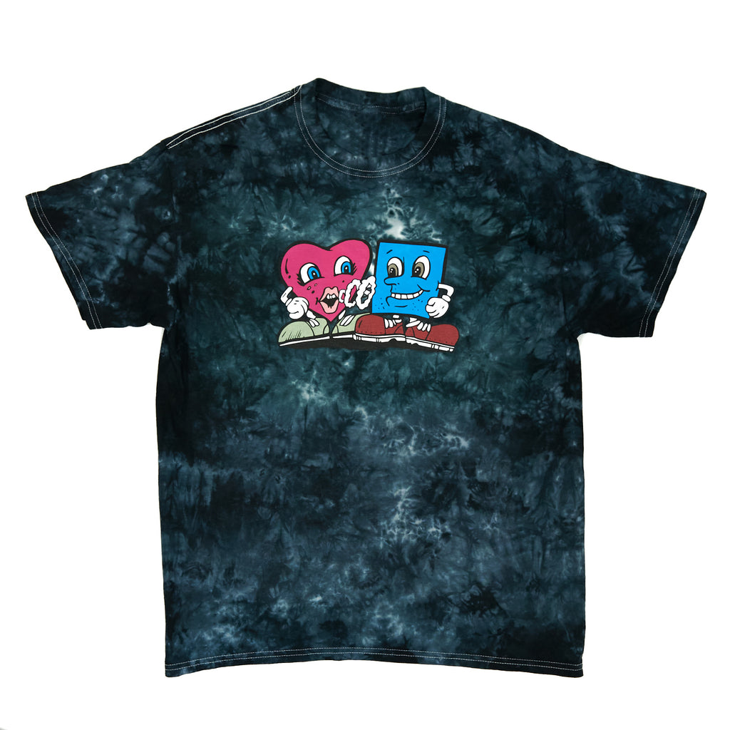 A Bluetile Skateboards "4/20 LOVE" tiedye t-shirt black crystal with two cartoon characters on it.