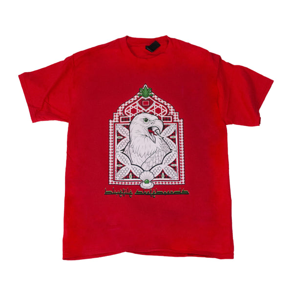 A BLUETILE BIRD OF PREY T-SHIRT RED with an image of a bird of prey on it. (Brand: Bluetile Skateboards)