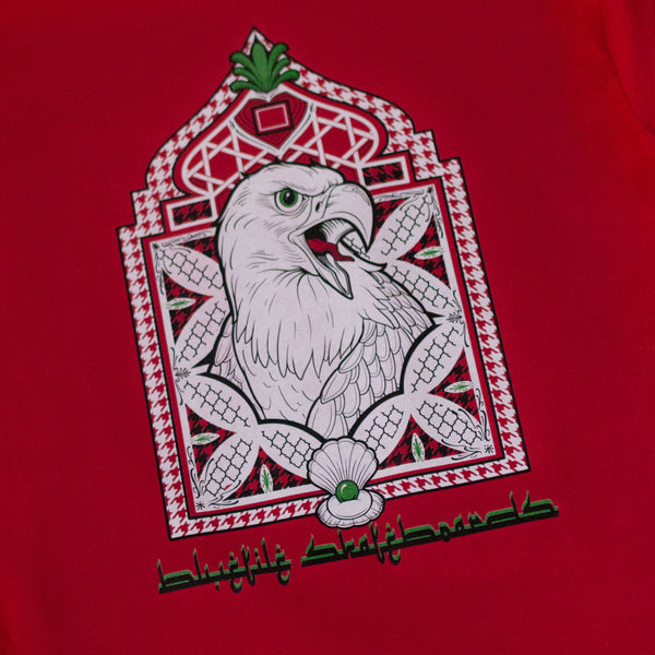 A BLUETILE BIRD OF PREY T-SHIRT RED with an BIRD OF PREY on it. (Brand Name: Bluetile Skateboards)