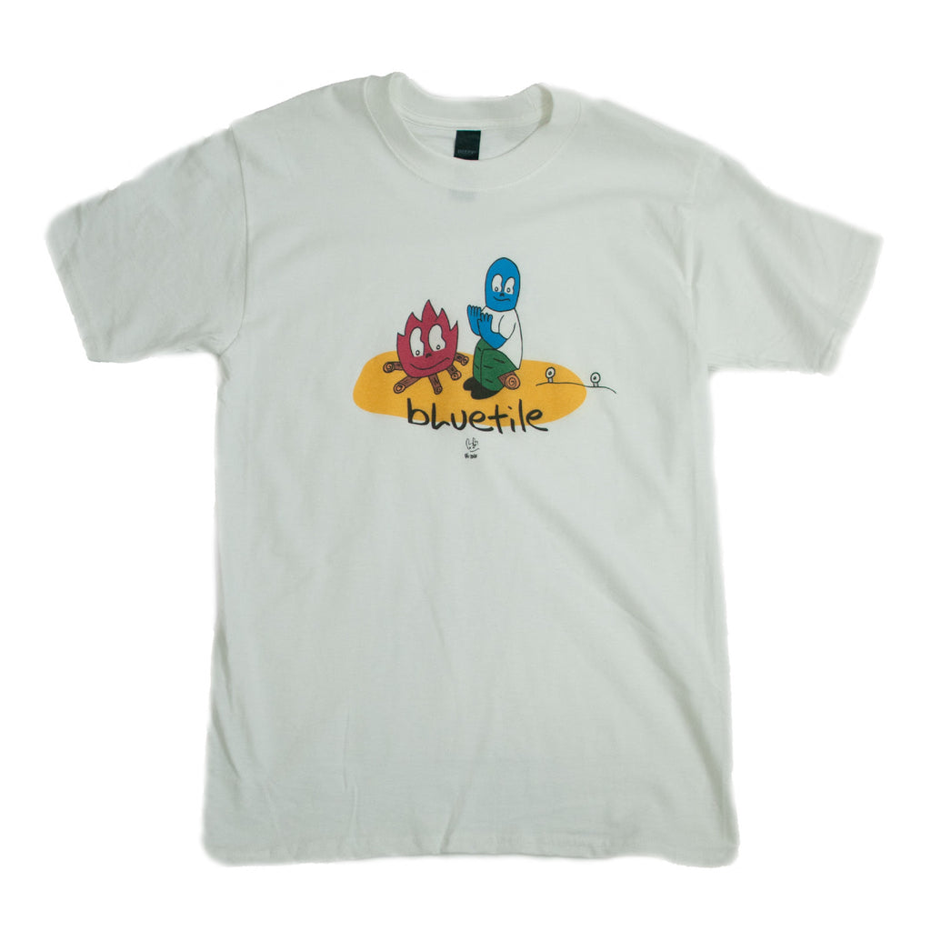 A Bluetile Skateboards white t-shirt with a cartoon character on it.