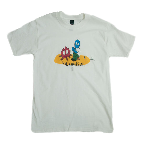 A Bluetile Skateboards white t-shirt with a cartoon character on it.