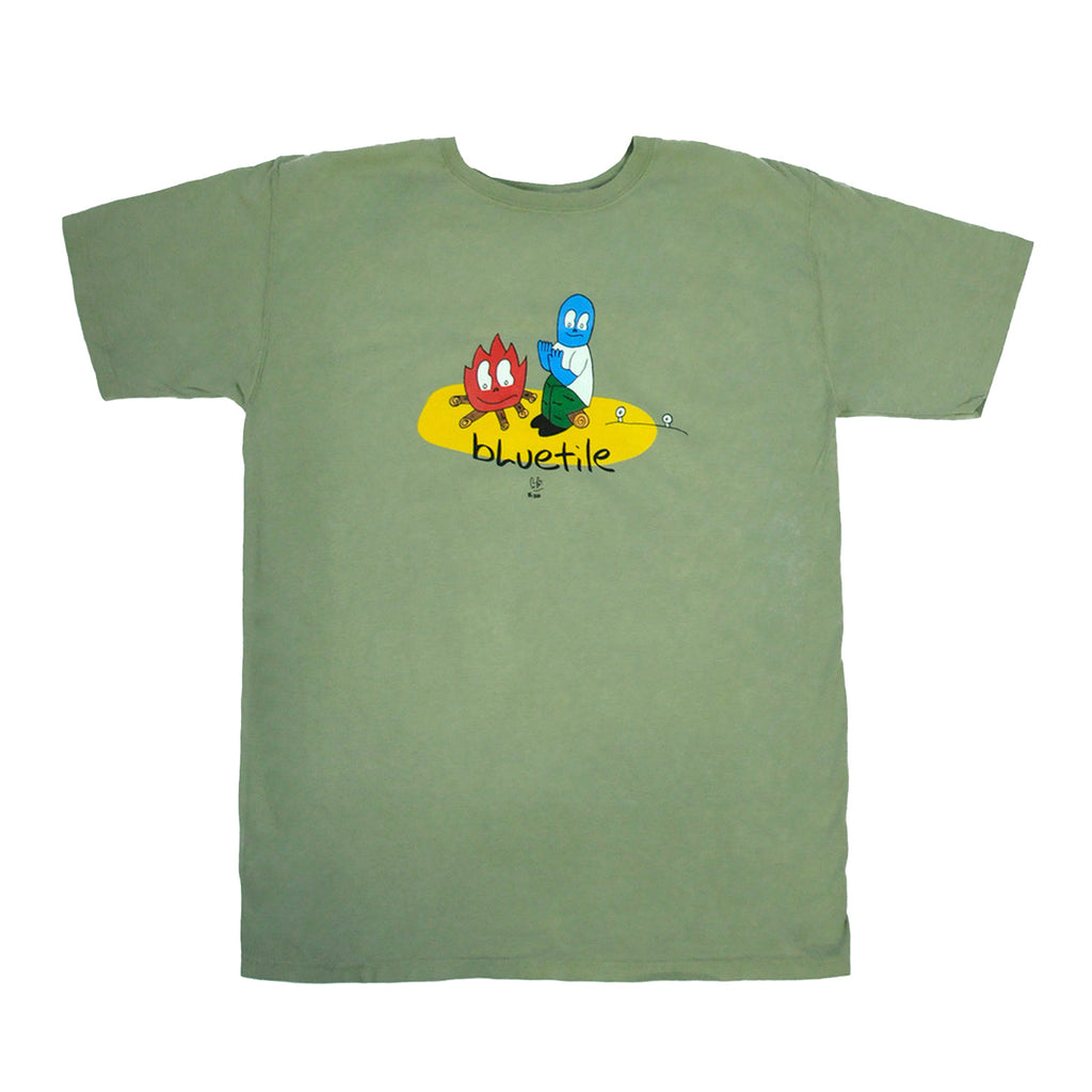 A BLUETILE CAMP FIRE T-SHIRT OLIVE GREEN with an image of a dog and a surfboard.
