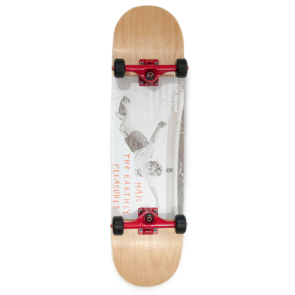 A BLUETILE PLEASURES COMPLETE 8.0 skateboard with a picture on it. (Brand: Bluetile Skateboards)