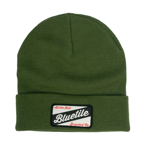 A green BLUETILE CRAFT PATCH BEANIE ARMY with the word "Blueville" PATCH on it from Bluetile Skateboards.