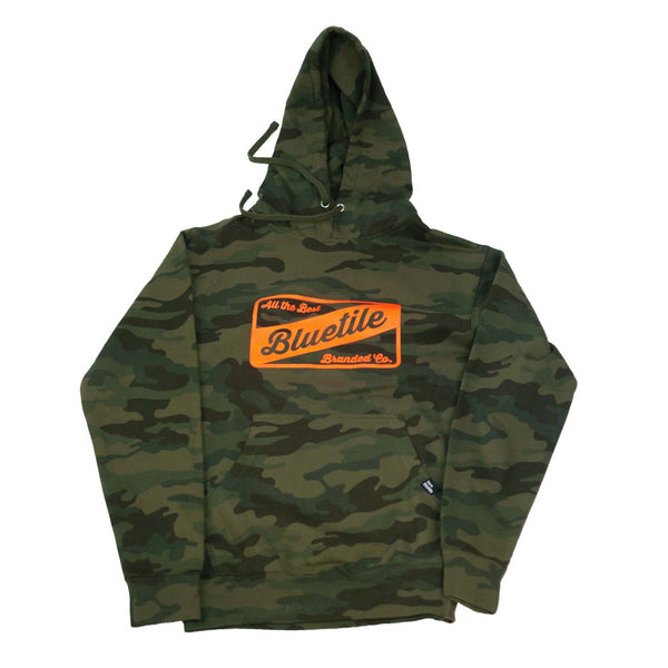 A BLUETILE CRAFT HOODIE CAMO GLO/ORG with the word buffle on it from Bluetile Skateboards.