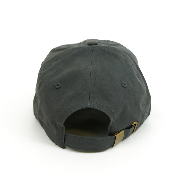The back of a BLUETILE LOVE SIX PANEL HAT DARK GREY baseball cap with a metal buckle from Bluetile Skateboards.
