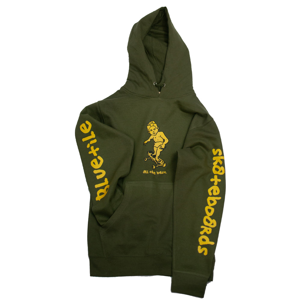 A green hoodie with a yellow logo, the BLUETILE x GONZ SKETCHY HOODIE OLIVE, by Bluetile Skateboards, on it.