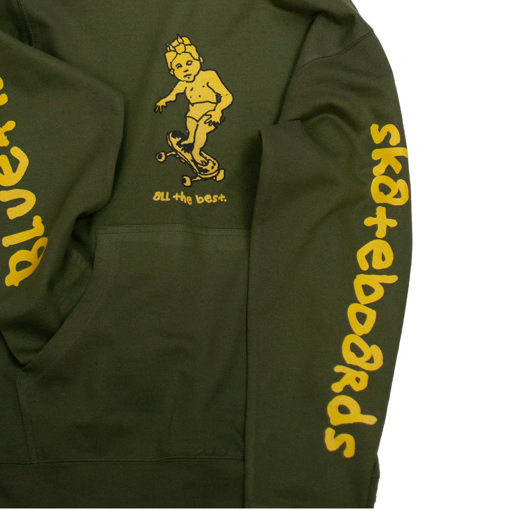 The BLUETILE x GONZ SKETCHY HOODIE OLIVE from Bluetile Skateboards is a vibrant olive green hoodie featuring a bold image of a skateboarder, making it the perfect choice for those who want to add a touch.