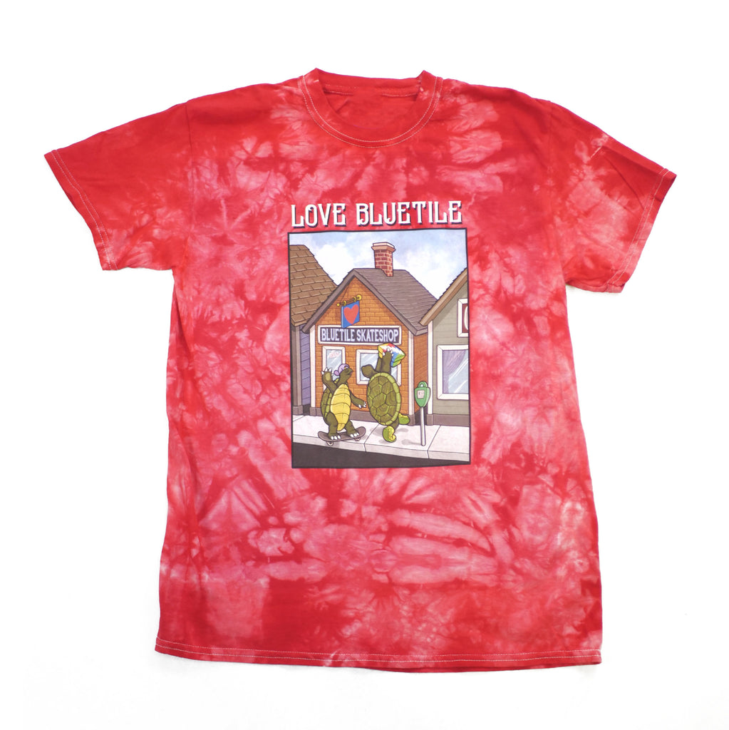 A BLUETILE HAPPY TURTLES T-SHIRT ROSE RED with an image of a man and a woman. (Brand: Bluetile Skateboards)