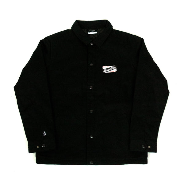 A black jacket with a Bluetile Skateboards logo on it.