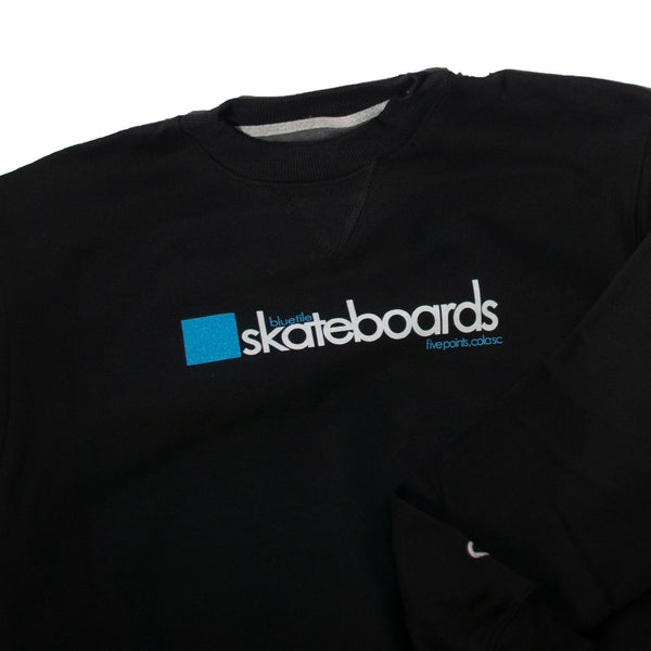 A black BLUETILE OG 2001 LOGO CREWNECK sweatshirt with the word Bluetile Skateboards on it.