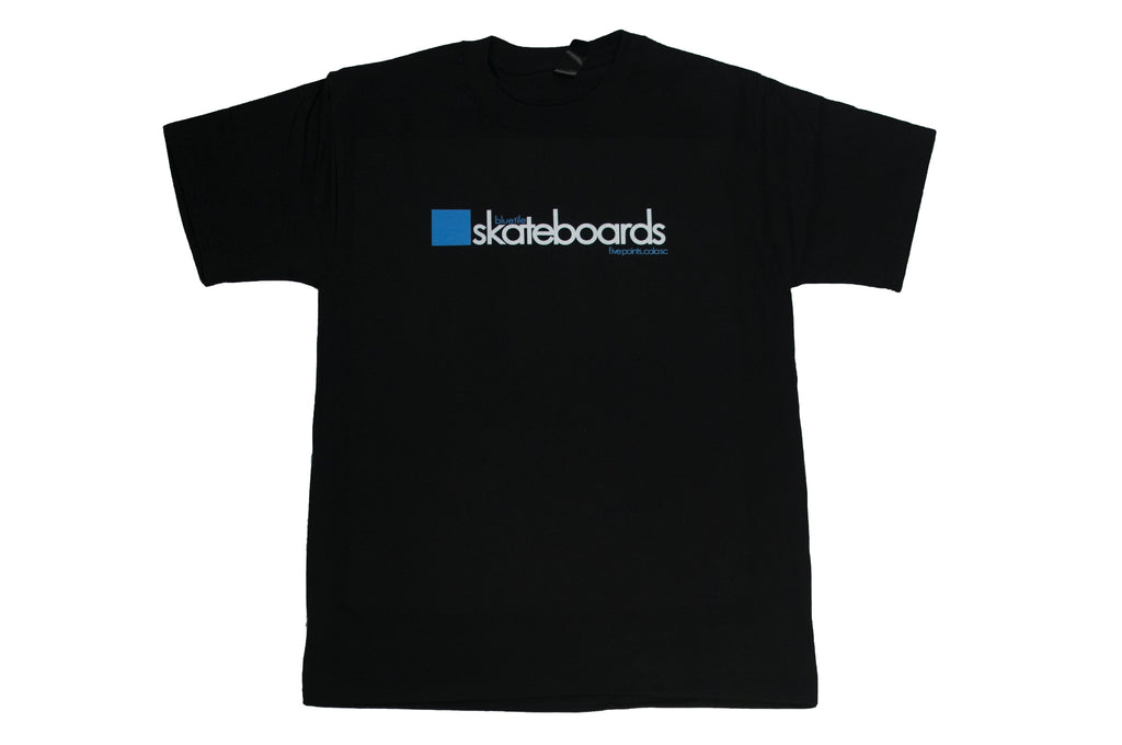A BLUETILE OG 2001 LOGO T-SHIRT BLACK with the word Bluetile Skateboards on it.