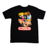 A BLUETILE LAST LAP T-SHIRT BLACK with an image of a girl driving a car during the last lap by Bluetile Skateboards.