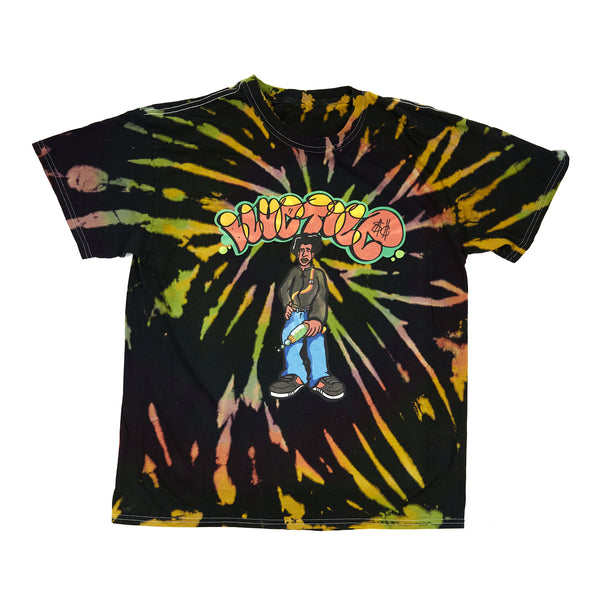 A Bluetile Skateboards BLUETILE RAYGUN GRAFFITI TIEDYE T-SHIRT BLACK LASER with a cartoon character on it.