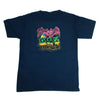 A Bluetile Skateboards BLUETILE SKATE PIT TRIBUTE T-SHIRT NAVY with an image of a bat on it.