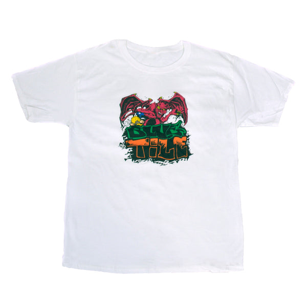 A BLUETILE SKATE PIT TRIBUTE T-SHIRT WHITE with a dragon on it by Bluetile Skateboards.